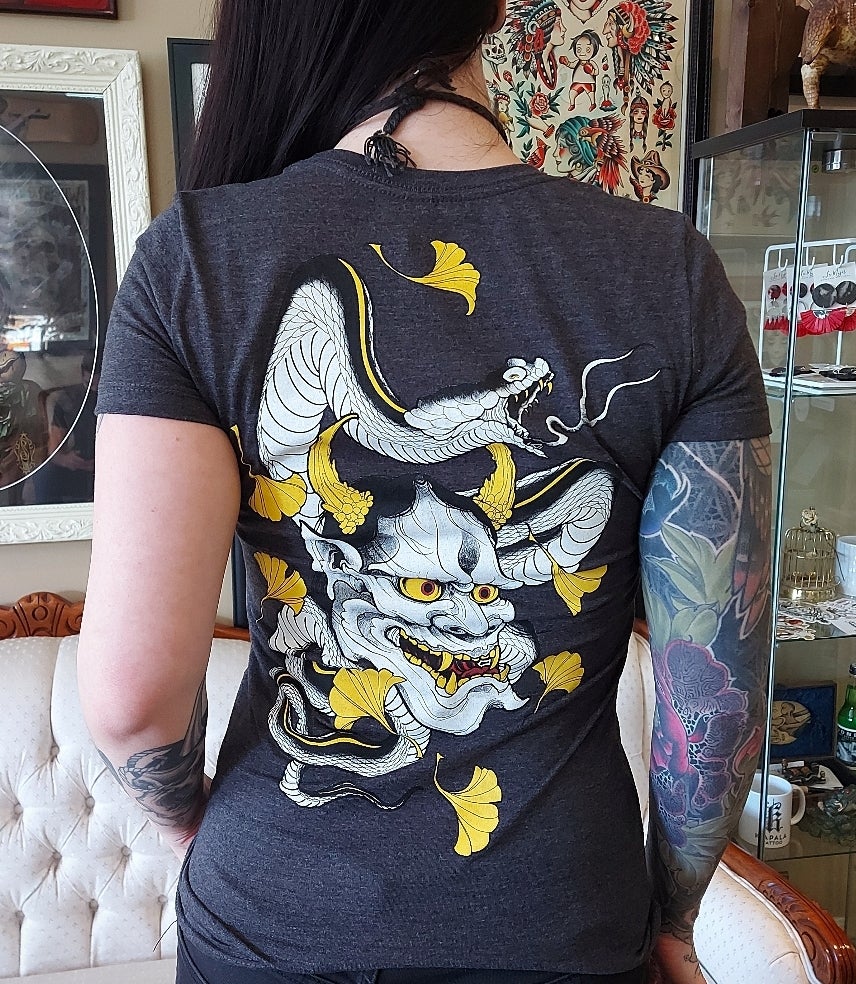 Women's Ginko leaf with Hannya and Snake T-shirt