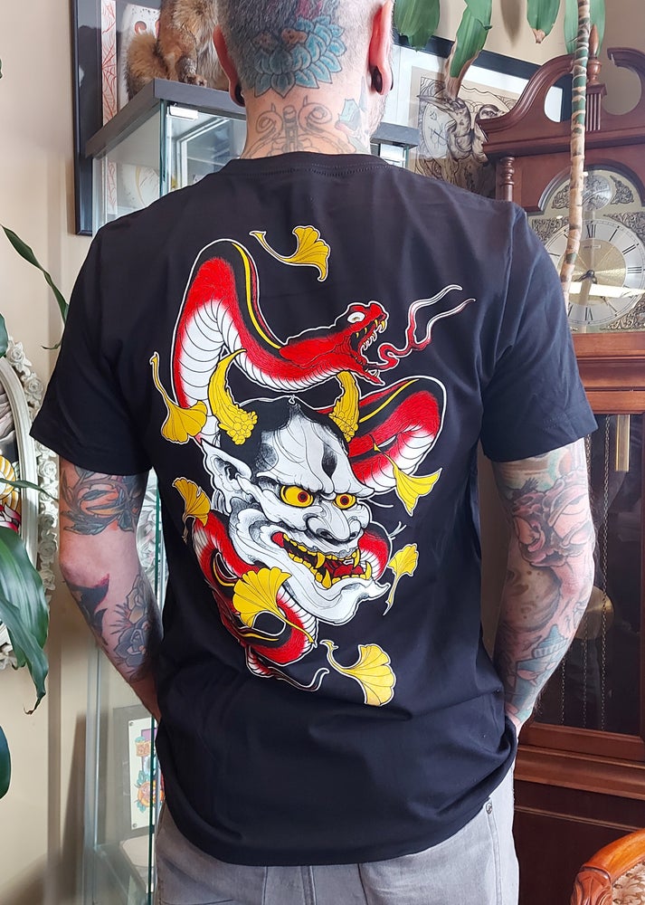 Black Kapala Ginko leaf with Hannya and Snake T-shirt
